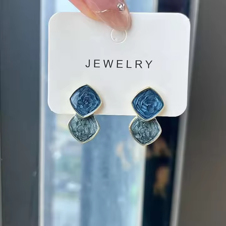 Pendientes colgantes geométricos esmaltados a la moda cuadrados de circonita azul bohemios para mujer, Dix, regalo de joyería diaria vintage - 1
