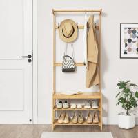Perchero de pie con zapatero recibidor con 5 perchas, 2 estantes, estantería para pasillo, mueble de entrada de bambú, 168 x 70 x 35 cm, natural. - details 0