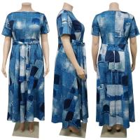 Nuevo vestido informal con estampado digital de talla grande, manga corta de color geométrico para mujer, cuello redondo, cinturón acampanado - details 2