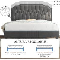 Marco de cama con cabecera tapizada, altura ajustable, soporte de láminas de madera y patas metálicas, color gris oscuro. - details 38