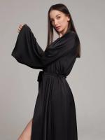 Bata de satén blanca y negra para mujer, vestido de noche de manga larga acampanada, vestido de novia Sexy - details 5