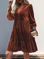 Otoño e Invierno suelto Color sólido con cuello en V vestidos de manga larga para mujer nuevo en elegante Retro Casual Midi vestido femenino - details 8