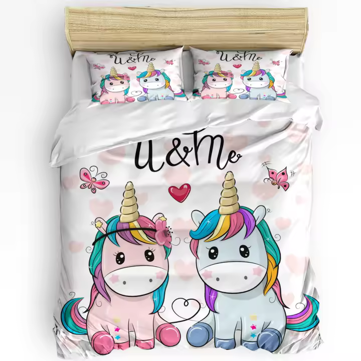 Juego de Ropa de Cama con Dibujos de Unicornio y Mariposa en Rosa 3 Piezas Funda de Edredón Sábana Sin Hojas Cubierta de Tela para el Hogar - 1