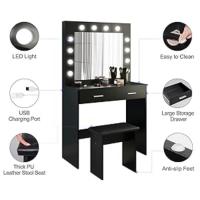 Juego de tocador negro con espejo de luces LED Hollywood