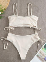 Bikini negro liso para mujer, traje de baño de dos piezas con Tanga de cintura alta y ribetes, 2024 - details 9