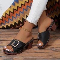 Sandalias de moda de color sólido para mujer, con hebilla, cinturón, informales, tacón grueso, diapositivas versátiles de verano - details 7