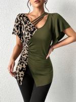 Nuevo estampado de leopardo irregular manga corta Camiseta cuello mariposa manga patchwork top mujer - details 11