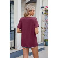 BUNO-2025 Nueva camiseta holgada de manga corta con cuello en V de Color sólido para mujer - details 18