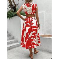 Vestido largo de mujer con estampado floral de plantas, cuello redondo, manga corta y cintura alta para el verano de 2024 - details 7