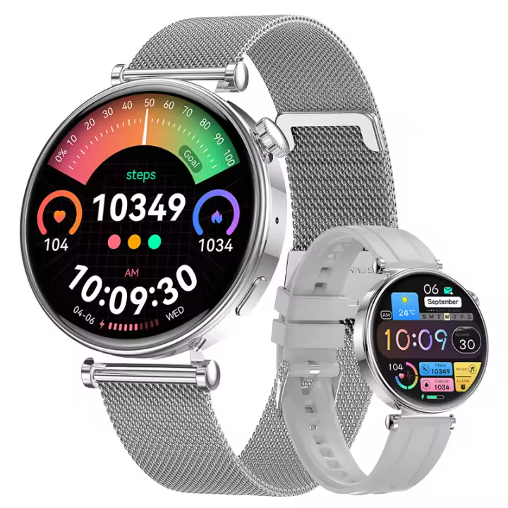 2025 Reloj Inteligente Mujer, Reloj Inteligente con Pantalla AMOLED de 1.32", Llamada Bluetooth, Esfera de Reloj Personalizada, Podómetro, Monitor de Oxígeno en Sangre, Frecuencia Cardíaca y Sueño, Compatible con iPhone Android, Correas Dobles - Acero y S - 1