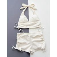 Traje de baño con abertura triangular para mujer, conjunto de bikini liso elegante a rayas - details 3