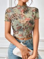 Nueva camiseta de manga corta elegante con estampado de malla, camisetas de manga corta con ribete de oreja de madera para mujeres - details 9