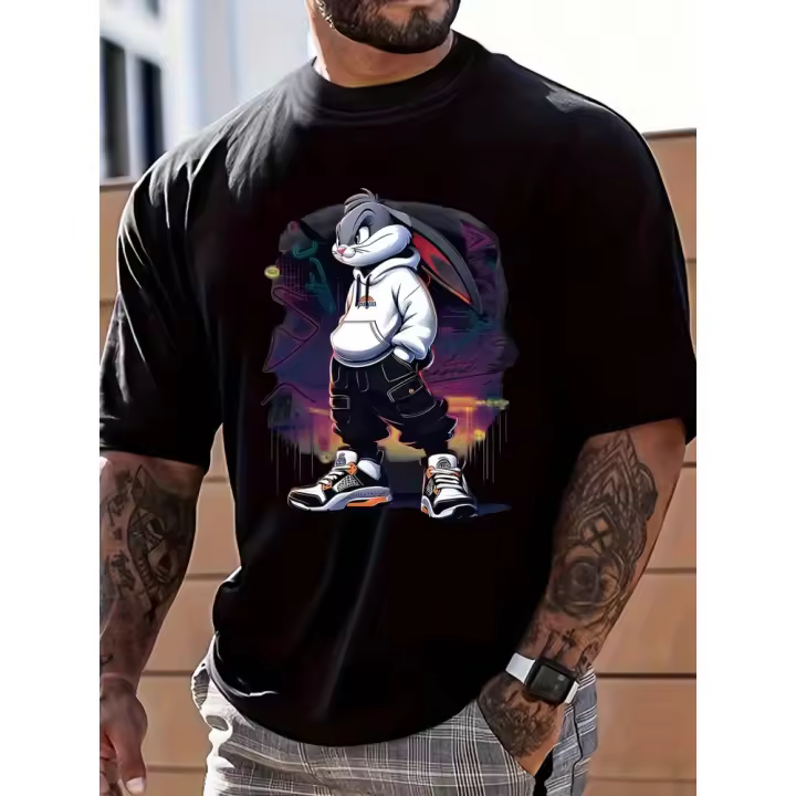 Camiseta popular informal diaria de manga corta con cuello redondo y estampado de conejo dominante a la moda para hombre - 1