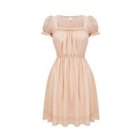 2025 nuevo vestido de verano de manga de burbuja pequeño cuello cuadrado medio y largo vestido de hadas de manga corta de cintura alta vestido de estilo retro francés - details 1
