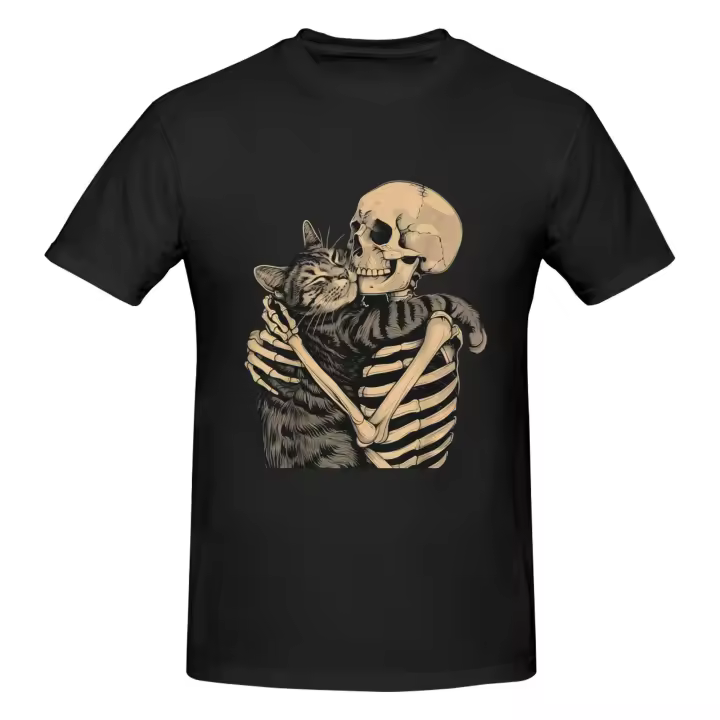 Camiseta Hombre 100% Algodón 180g – Diseño Gato y Esqueleto, Divertida, Transpirable y Cómoda, Lavable a Máquina - 1