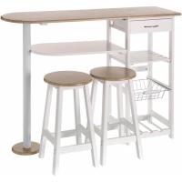 Conjunto de Mesa Alta de Madera Natural 2 Taburetes con Cajón, 2 Estantes, Cesta Extraíble y Botellero 120x89x37 cm Iluminado, Elegante - details 0