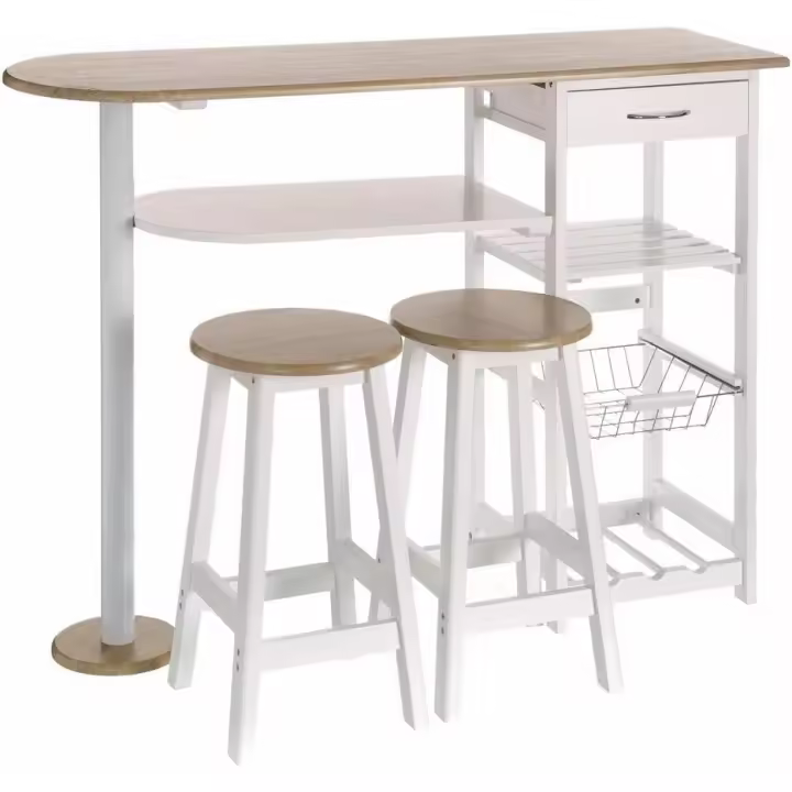 Conjunto de Mesa Alta de Madera Natural 2 Taburetes con Cajón, 2 Estantes, Cesta Extraíble y Botellero 120x89x37 cm Iluminado, Elegante - 1