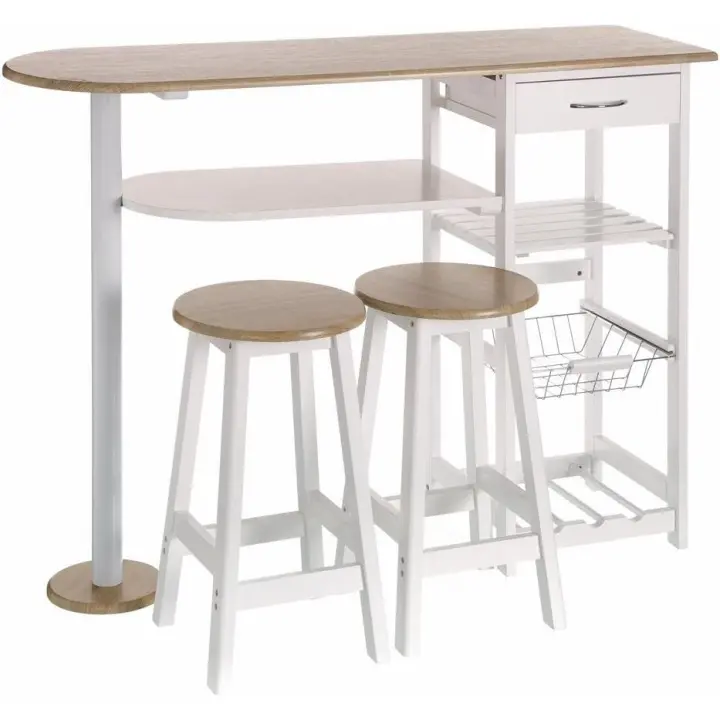 Conjunto de Mesa Alta de Madera Natural 2 Taburetes con Cajón, 2 Estantes, Cesta Extraíble y Botellero 120x89x37 cm Iluminado, Elegante - 1