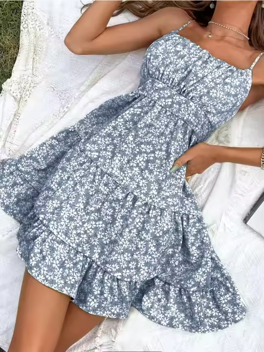 Vestido de verano de hada floral francesa con abanico de hoja de loto altamente sensual - 1