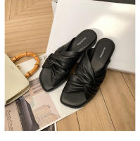Zapatillas de las mujeres de verano pliegues retorcido fondo plano exterior desgaste sandalias versátil cabeza cuadrada nube media arrastre - details 41