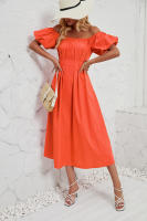 Vestido de verano de color liso plisado de cintura alta con mangas cortas y hombros descubiertos para mujer - details 5