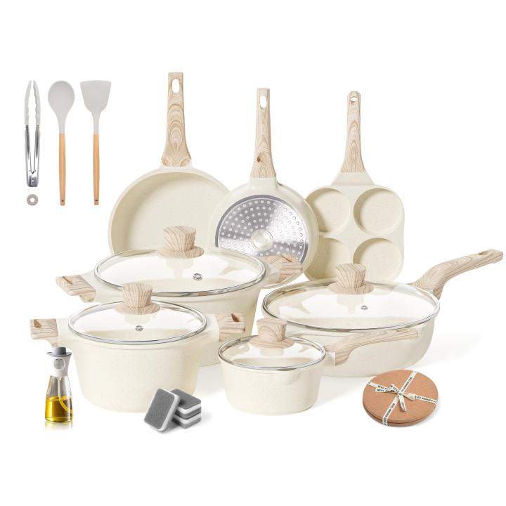 RIOVARM Inducción Juego de ollas y sartenes con Tapas Antiadherente Sartenes y ollas con Espátulas 4 agujeros Sartén Tortilla Cacerola Sin PFOA Juegos de sartenes Sartén Cazuela