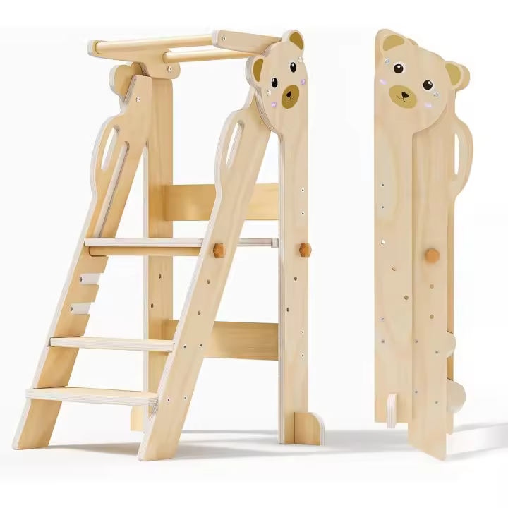 de Aprendizaje Plegable Montessori,Torre Aprendizaje Ajustable en Altura de 3 Niveles,Torre con Rieles de Seguridad para Niños de 1 a 6 Años (Color de la Madera Oso) - 1