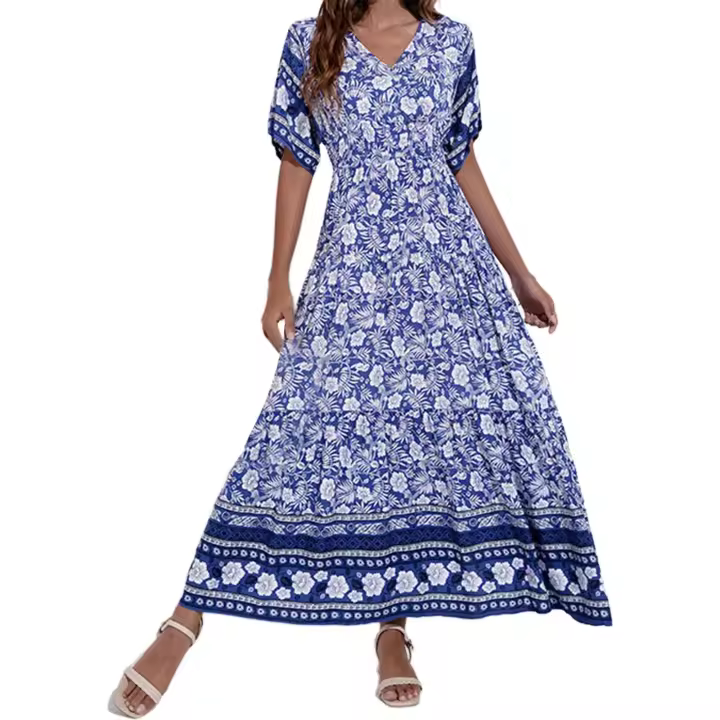 Vestido Maxi Casual de Playa Bohemia para Mujeres Cuello en V, Manga Corta, Impresión Pequeña, Elegante para Vacaciones - 1