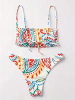 Traje De Baño Con Lazo En La Espalda Y Tirantes Finos Con Estampado De Plantas, Bikini De 2 Piezas De Punto Acanalado Colorido - details 2