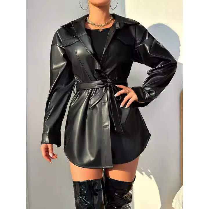 Chaqueta de cuero de alta gama que estrecha la cintura con hombros regulares, abrigo versátil de manga larga para un look elegante - 1