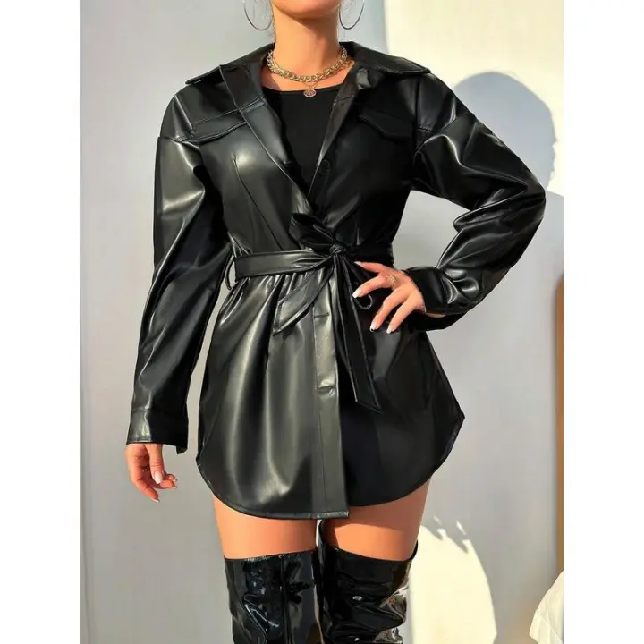 Chaqueta de cuero de alta gama que estrecha la cintura con hombros regulares, abrigo versátil de manga larga para un look elegante - 1