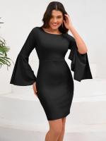 Elegante y bonito vestido Midi de manga larga para mujer, de Color sólido vestido ajustado, falda de cuello redondo que cubre la cadera - details 14