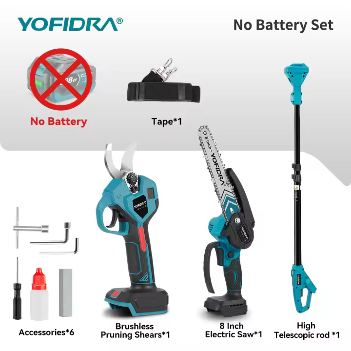 YOFIDRA Motosierra eléctrica sin escobillas de 8 pulgadas, tijeras de 32 mm, pértiga telescópica, herramienta de poda de jardín alta para pines de batería de 18 V-21 V - 1