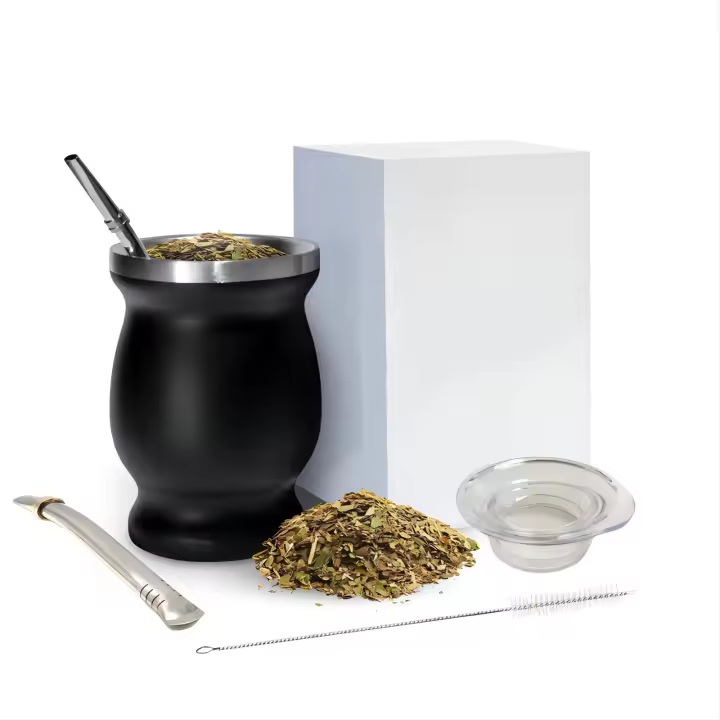 Juego de tazas de té de acero inoxidable Mate tradicional, incluye tapa de Taza, 2 Bombillas y cepillo de limpieza, 8 onzas - 1