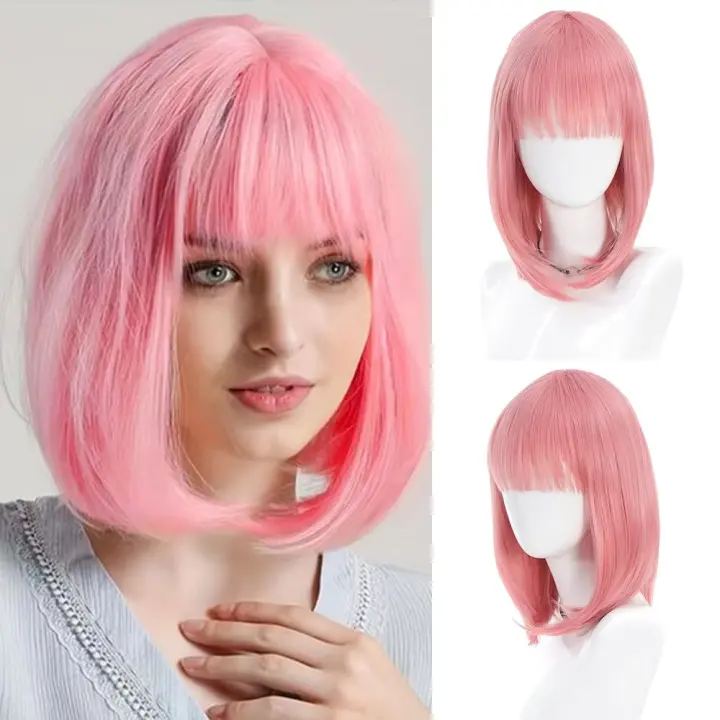 Pelucas de Cosplay de Anime rosa Lolita, pelo Bobo corto liso resistente al calor, extensión de cabello Natural, pelucas sintéticas con flequillo para fiesta - 1