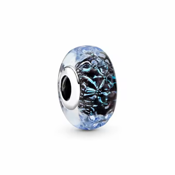 Encanto de Pulsera Original 925 Plata Esterlina con Vidrio Murano Azul Oscuro y Diseño Ondulado para Fabricación de Joyas - 1