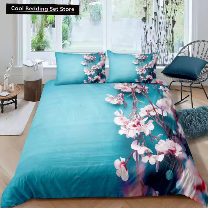 Conjunto de Cama de Flor de Sakura Rosa Cubierta de Edredón de Poliéster Suave - 1