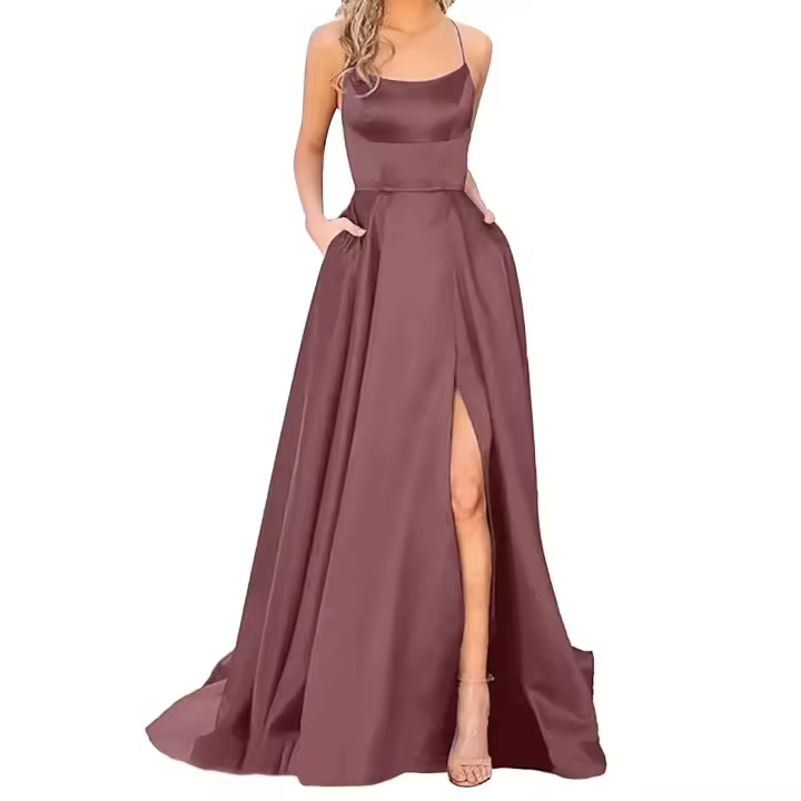 Elegante Vestido Largo de Satén con Cintura Alta Estilo de Boda Delgado para Mujeres - 1