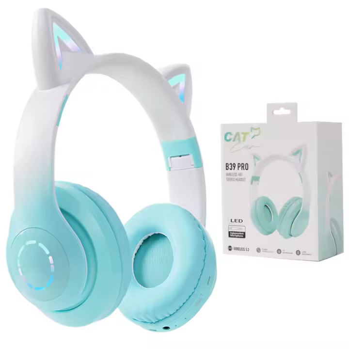 Auriculares con destello de luz LED, auriculares inalámbricos con Bluetooth con orejas de gato y micrófono, auriculares de música para juegos para niños y niñas, HIFI como regalo de Navidad - 1