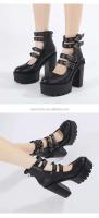 Dropshipping logo otoño nuevo artículo negro estilo gótico tacones altos gruesos zapatos de mujer hebilla de metal cinturón botas de suela gruesa - details 3