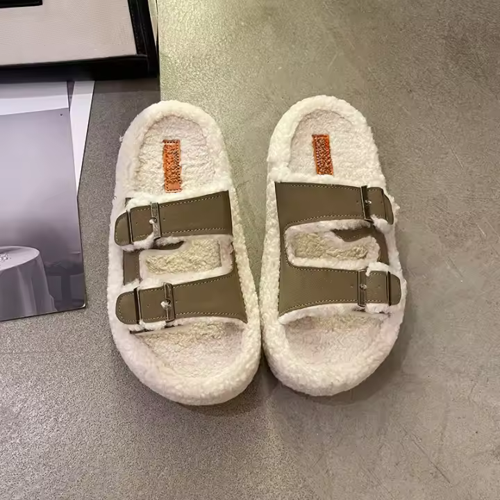 Otoño e invierno de gran tamaño, suela gruesa, correa de una palabra, zapatillas de lana de cordero engrosadas de terciopelo, zapatos térmicos, zapatillas con doble hebilla - 1