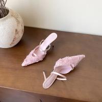 Nuevo temperamento puntiagudo rosa bolsa cabeza media zapatillas mujer malla encaje stiletto tacones altos - details 28