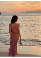 Vestido de tirantes de punto francés rosa de vacaciones con un temperamento delgado y lujoso, vestido de noche de fiesta anual, verano para mujer - details 13