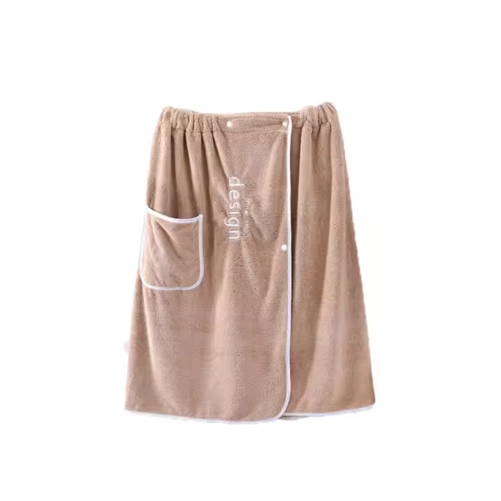 Toalla de baño suave con bolsillo para hombre, toalla de ducha de terciopelo Coral de Color sólido, falda de toalla corta larga y usable para Baño - 1