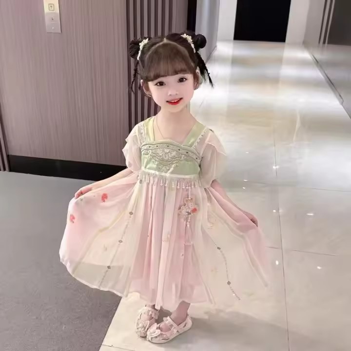 Hanfu-falda glutinosa súper inmortal de manga corta para niña, falda glutinosa súper inmortal de estilo fino para bebé, verano 2025 - 1