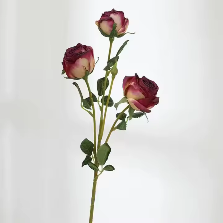 Ramo de rosas artificiales de 3 cabezas, pintura al óleo, borde quemado, paquete de flores rosas Retro, tela de seda, flor falsa de seda - 1