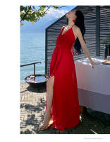 Vestido de vacaciones halter rojo vestido de playa dividido ropa de foto junto al mar falda con tirantes de cuello de hada súper - details 13