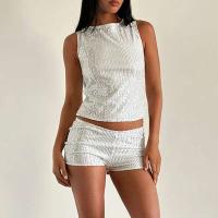 Camisetas Sin Mangas con Lentejuelas Brillantes Cuello Redondo, Top Corto, Moda para Mujeres y Clubes - details 8