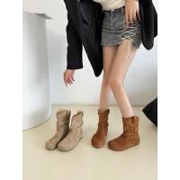 2025 otoño e invierno nuevas botas cortas de punta redonda aumento de altura interior retro pila de viento perezoso botas de caballero occidental mujeres. - details 6