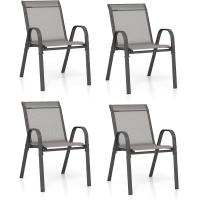 2/4 Sillas de Jardín, Silla Apilable Terreza Exterior de Tela con Marco de Metal, Sillón de Comedor con Reposabrazos y Respaldo Alto, Carga 150kg, 56 x 70 x 84 cm (4, Gris) - details 0